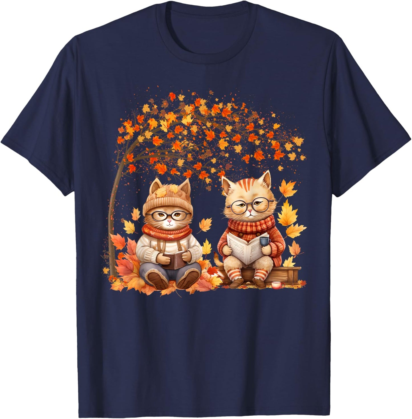 Cat Leaf Fall Hello Autumn Cat Kitten Lover Thanksgiving Men Women Kids T-Shirt - T-Shirt | Navy