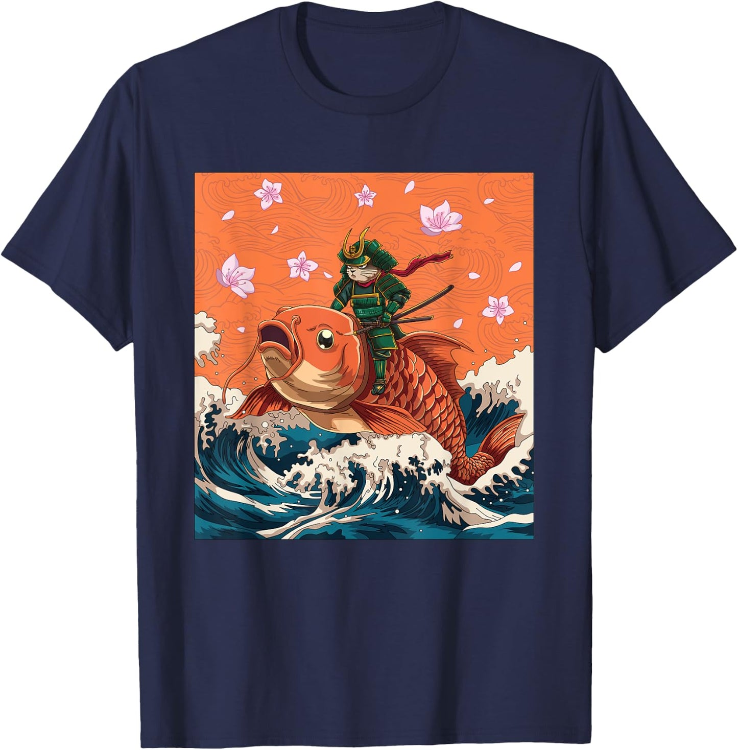 Vintage Japanese Samurai Neko Cat & Koi Fish | Ukiyo-e Style Men Women T-Shirt - T-Shirt | Navy