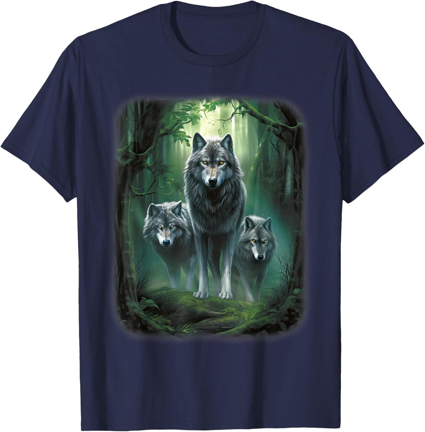 Wolf Wolves in Forest by Night Moon Fantasy Art Wildlife T-Shirt - T-Shirt | Navy