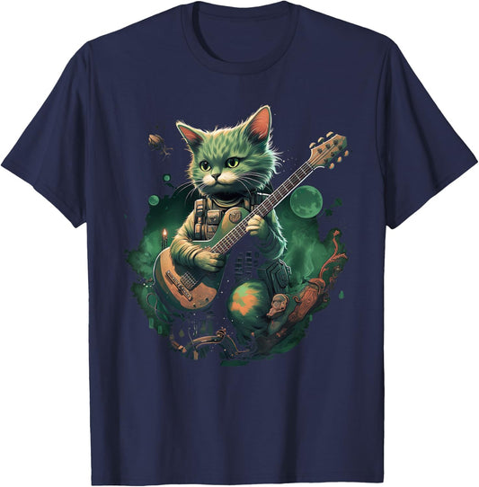 Rock Cat Playing Guitar Cat Funny Guitar Cat Kitty T-Shirt - T-Shirt | Navy