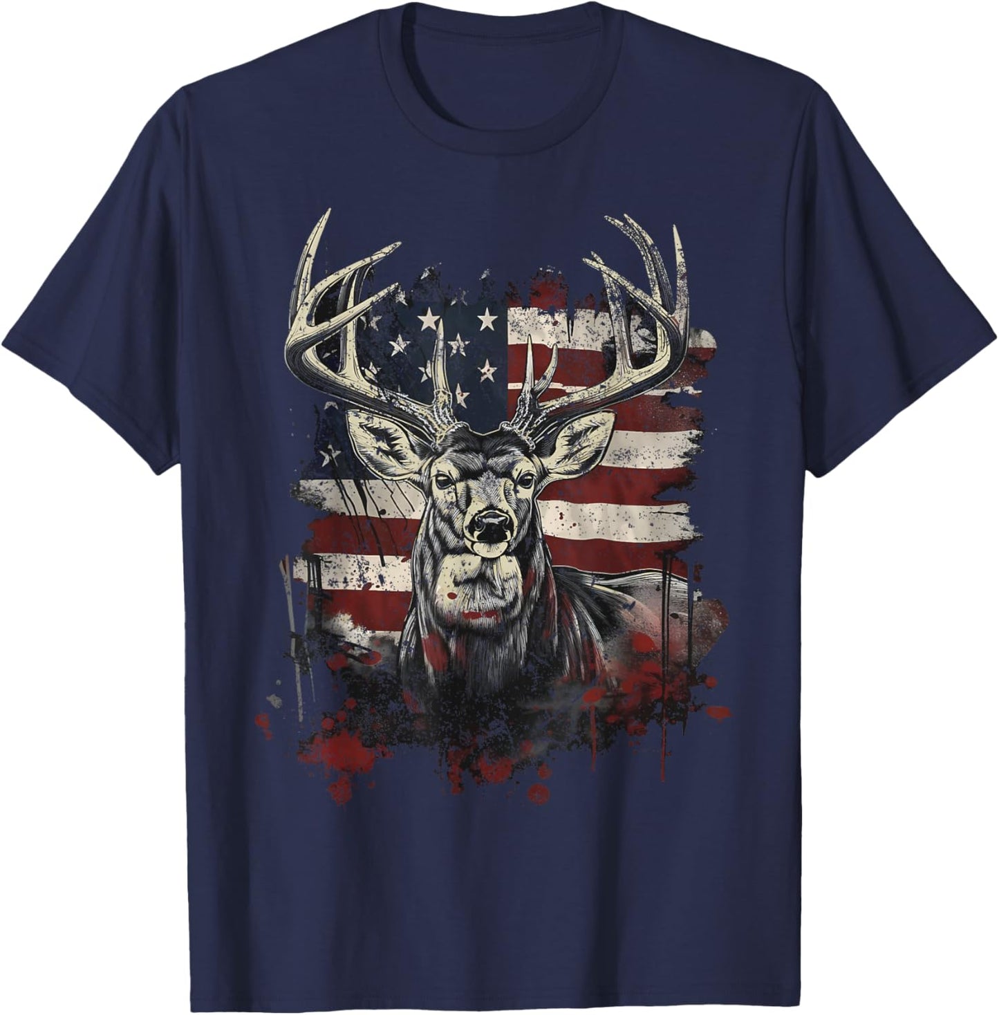 Buck White Tail Deer Hunting Hunter Distressed American Flag T-Shirt - T-Shirt | Navy