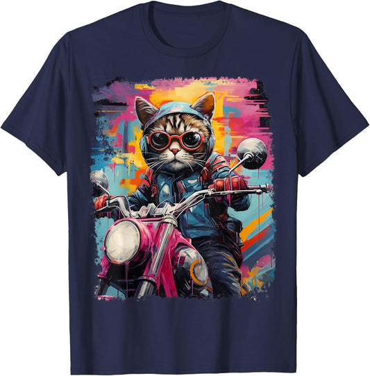 Motorbike Gear Cat on Motorcycle T-Shirt - T-Shirt | Navy