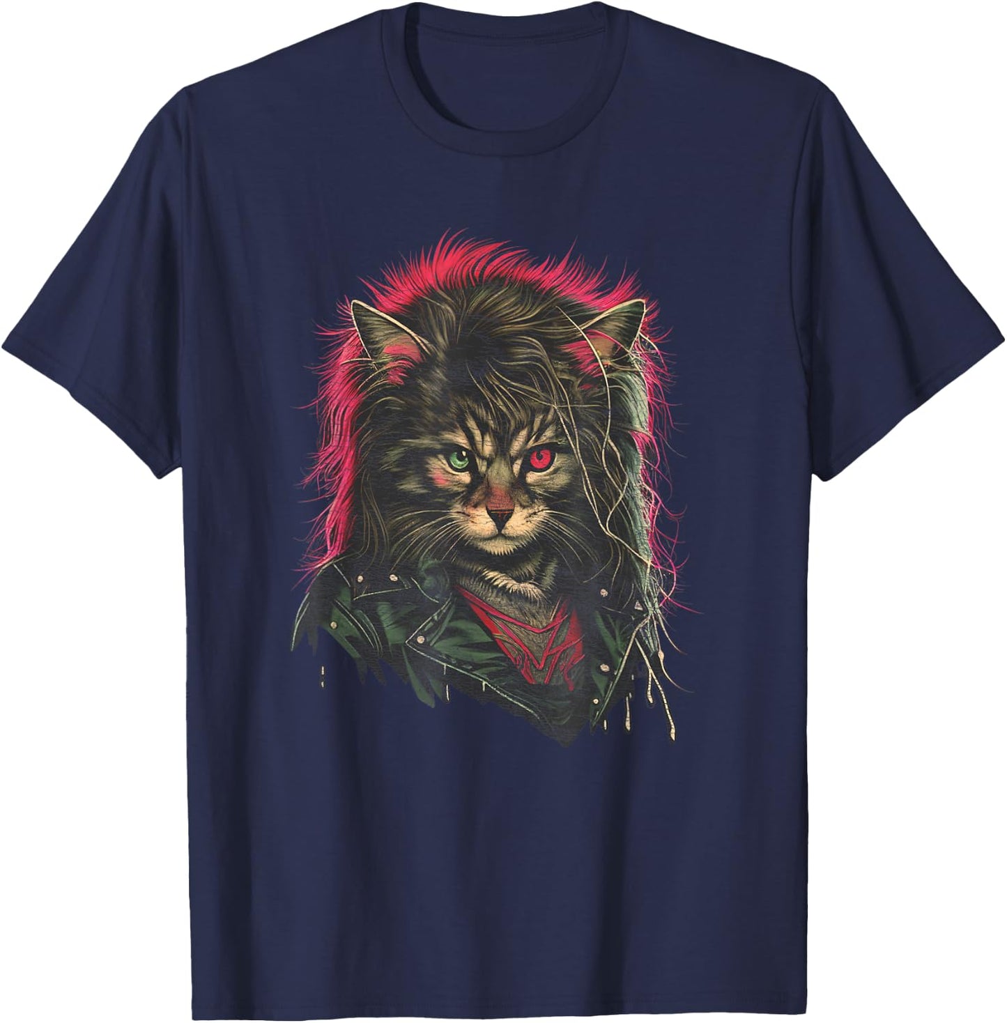 Heavy Metal Hair Glam Cat Retro Distressed 80s Men Women T-Shirt - T-Shirt | Navy