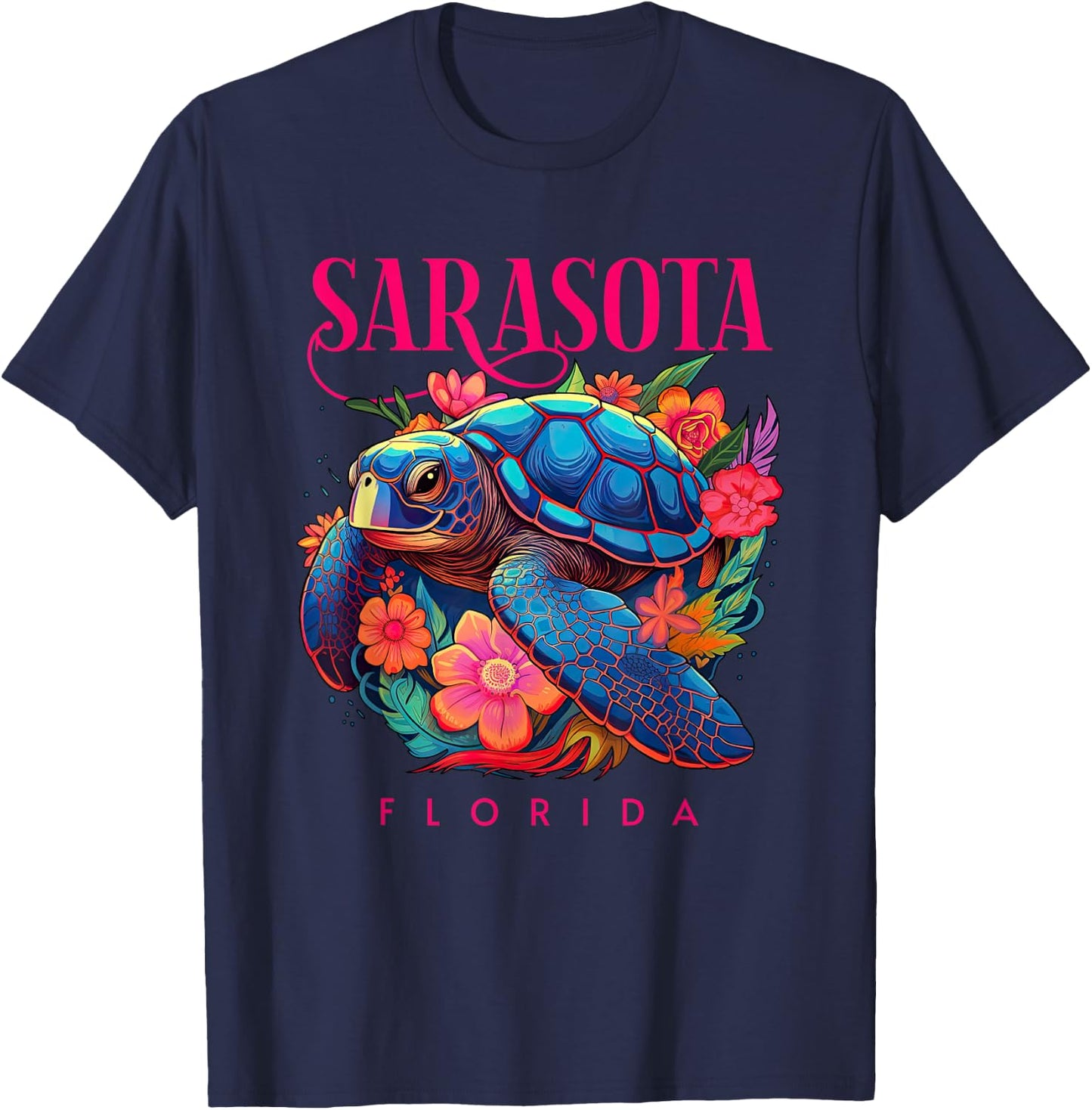 Sarasota Florida Floral Beach Turtle Souvenir T-Shirt - T-Shirt | Navy