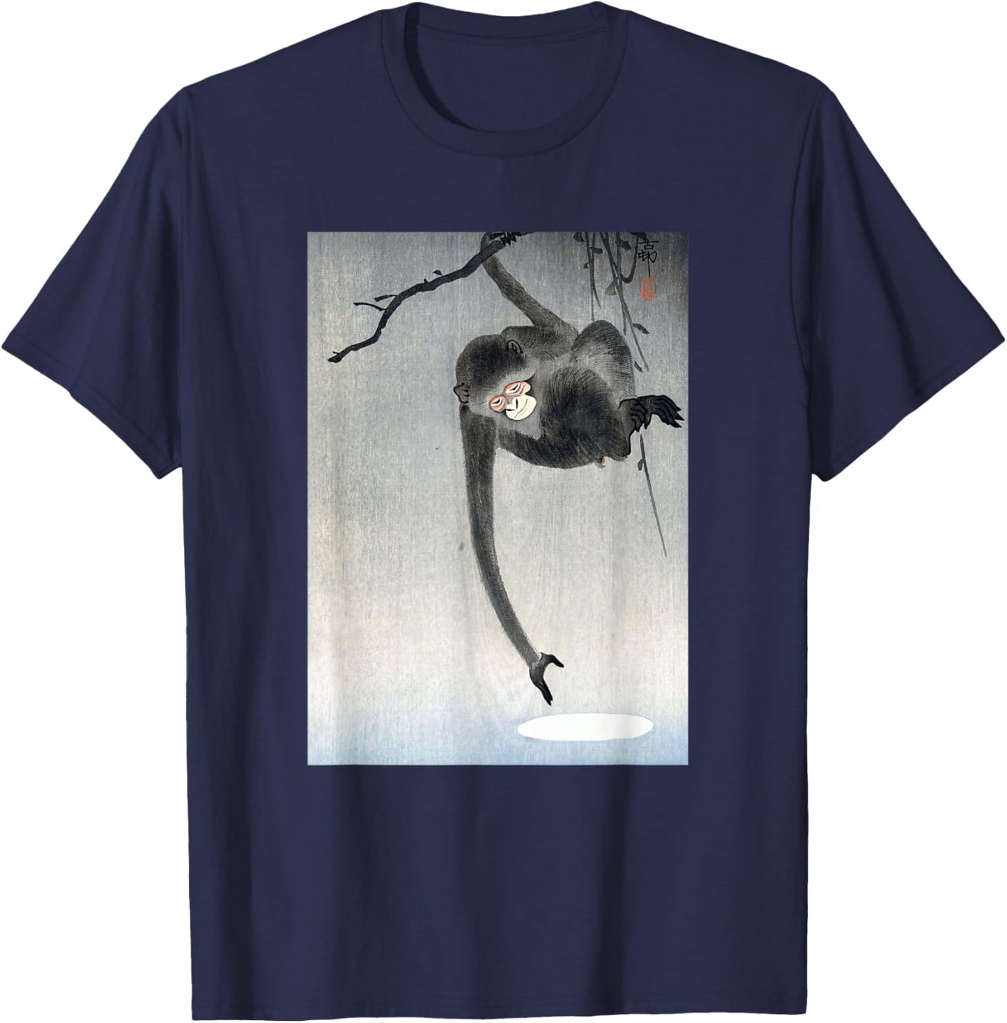 Monkey and Reflection of the Moon by Ohara Koson Shin-hanga T-Shirt - T-Shirt | Navy