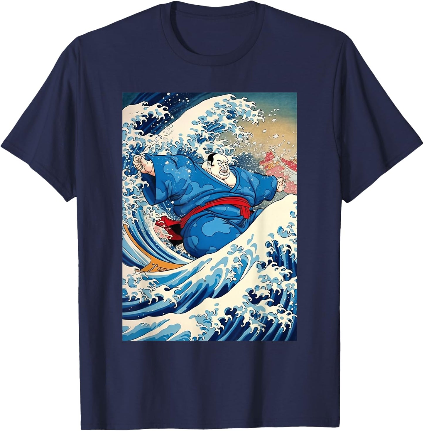 Funny Kanagawa Great Wave with Sumo Wrestler Surfing T-Shirt - T-Shirt | Navy