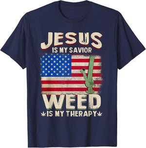 Jesus Is My Savior Weed Is My Therapy Marijuana Cannabis T-Shirt - T-Shirt | Navy