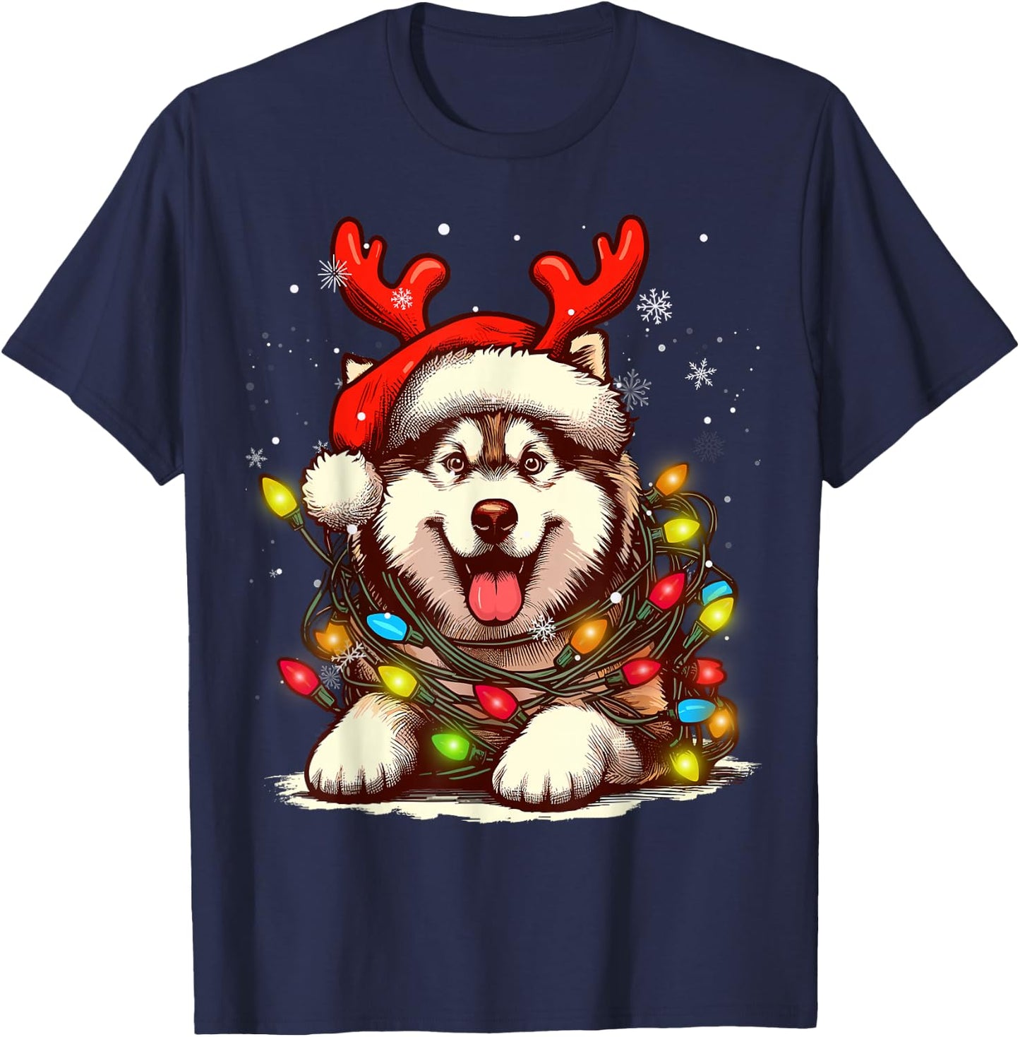 Siberian Husky Christmas Tree Lights Dog Santa Women Men Kid T-Shirt - T-Shirt | Navy