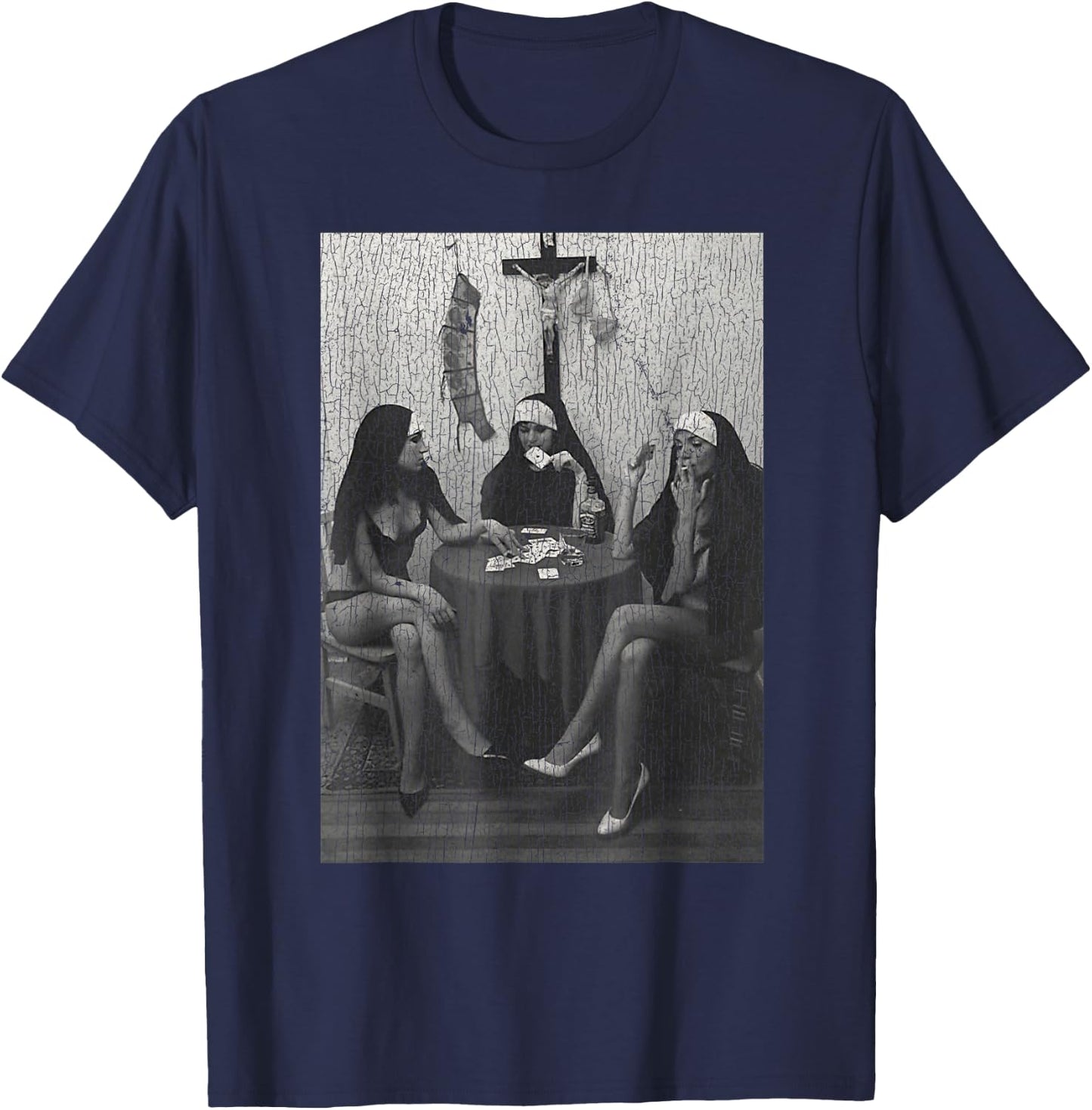 Vintage Nuns Naked Playing Card Smoking T-Shirt - T-Shirt | Navy