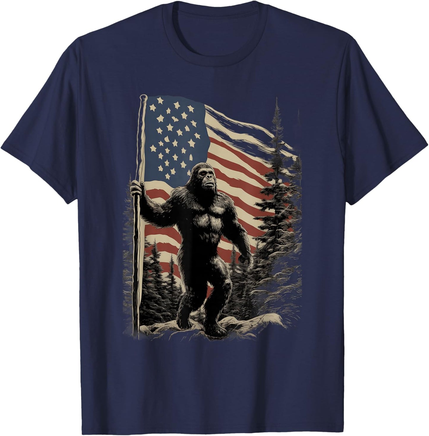 American Flag Bigfoot Patriotic Wilderness Forest T-Shirt - T-Shirt | Navy