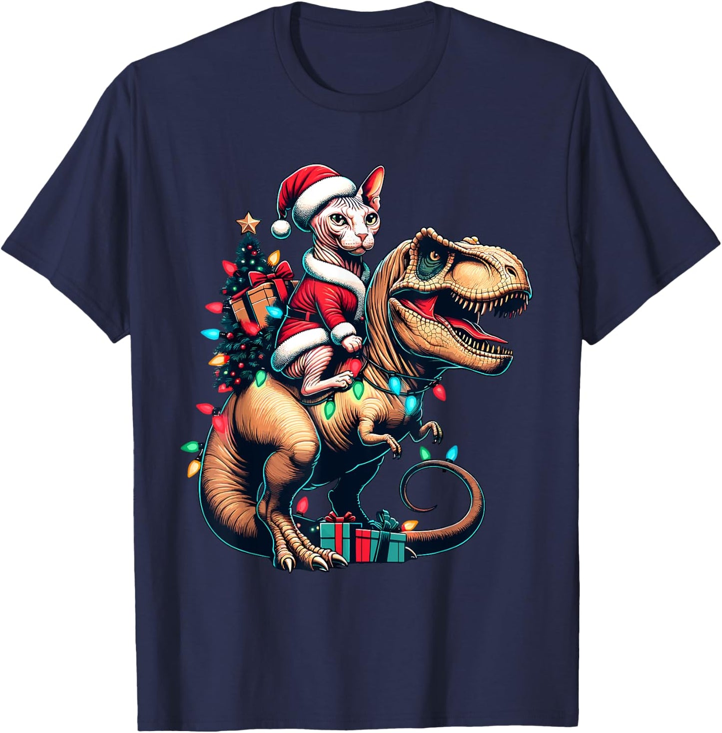 Funny Sphynx Cat Rides Santa T-Rex Vintage Christmas Sphynx Women Kids T-Shirt - T-Shirt | Navy