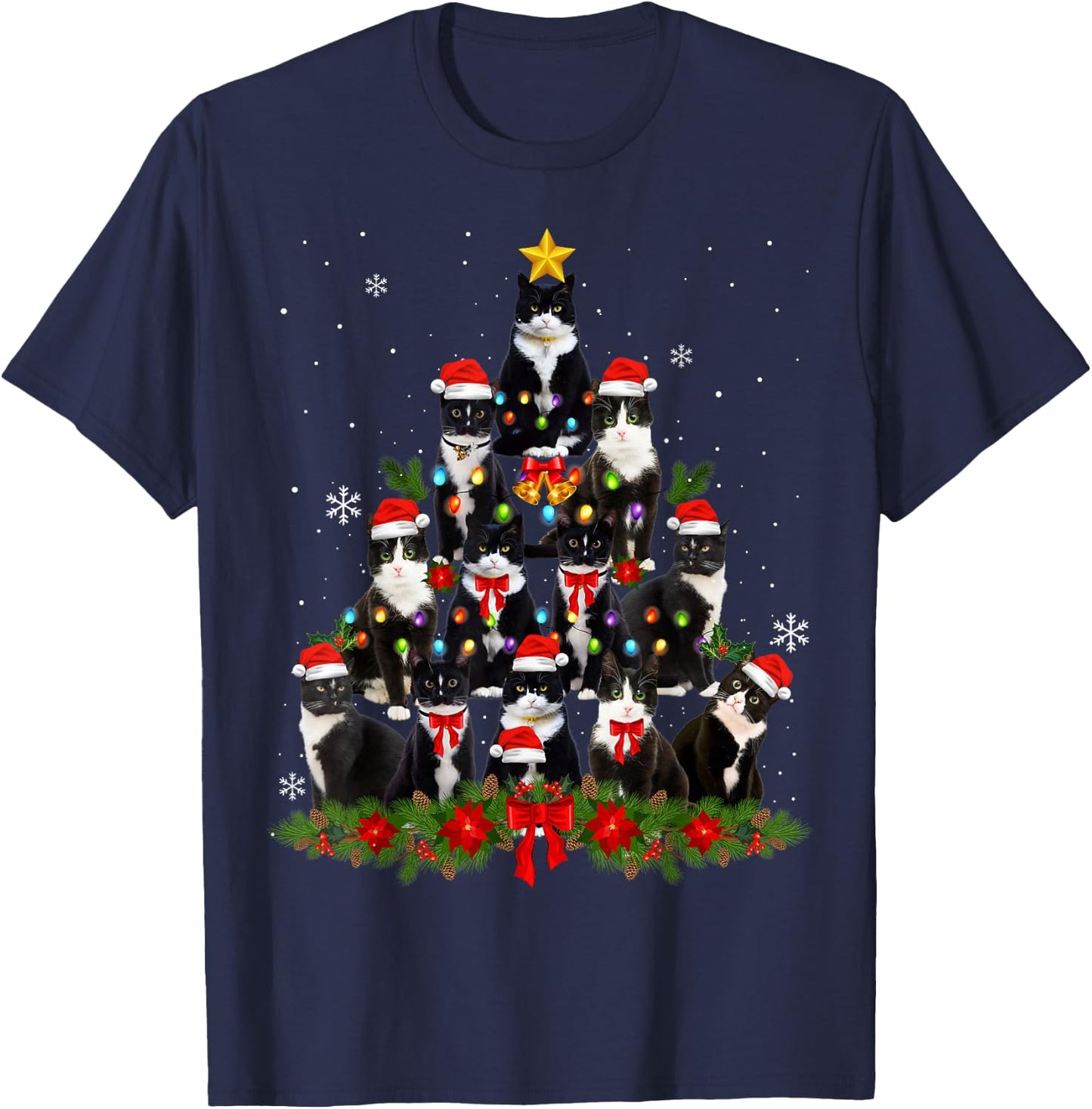 Tuxedo Cat Christmas Tree Tuxedo Cat Lights Xmas Matching T-Shirt - T-Shirt | Navy
