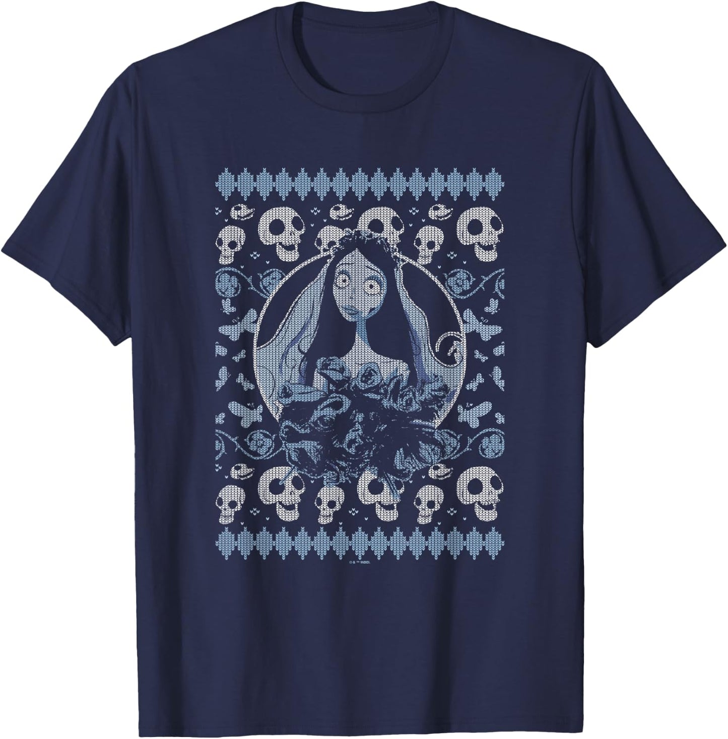 Corpse Bride Emily Skulls And Butterflies Pattern Portrait T-Shirt - T-Shirt | Navy