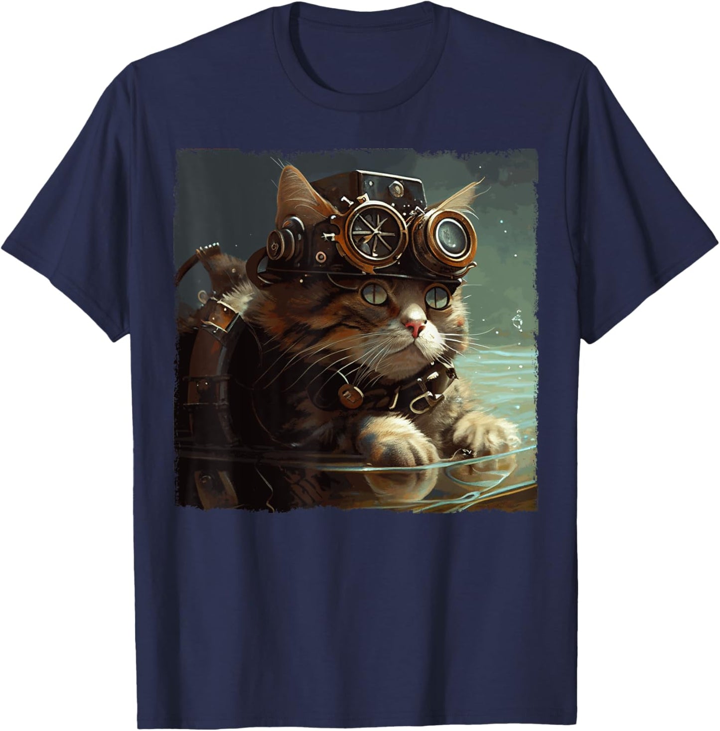 Funny Cat Swimming Steampunk for Kids, Women, Men T-Shirt - T-Shirt | Navy