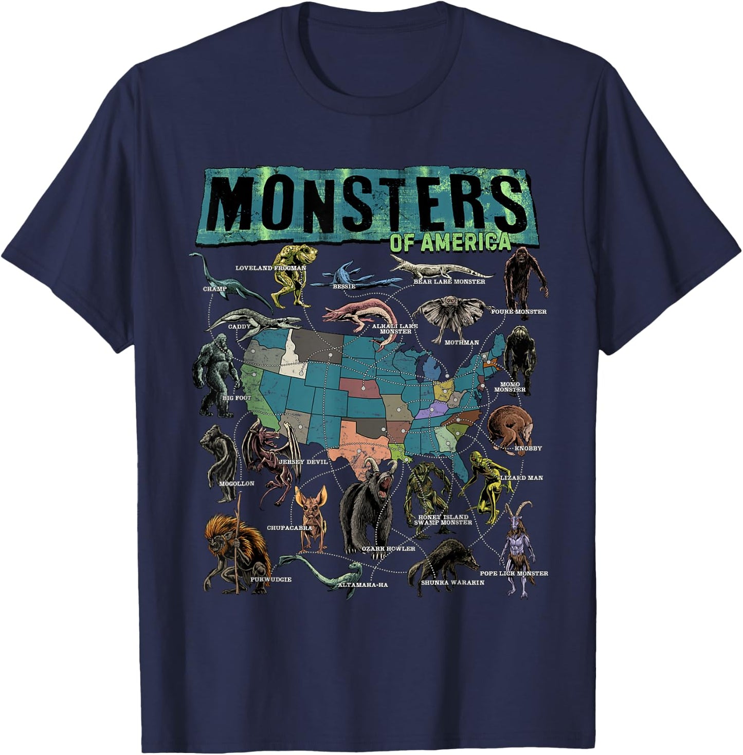 Cryptid Monsters of America Folklore Creature Cryptozoology T-Shirt - T-Shirt | Navy