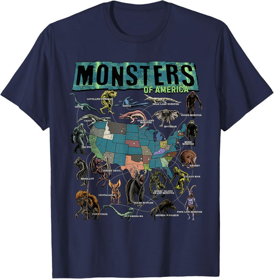 Cryptid Monsters of America Folklore Creature Cryptozoology T-Shirt - T-Shirt | Navy
