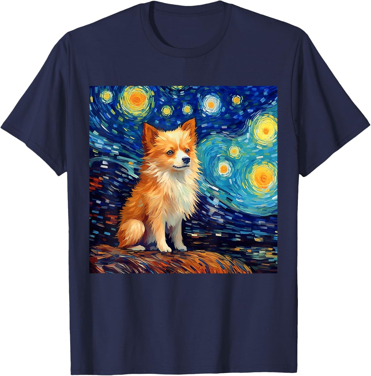 Surreal Starry Night Pomchi Dog T-Shirt - T-Shirt | Navy