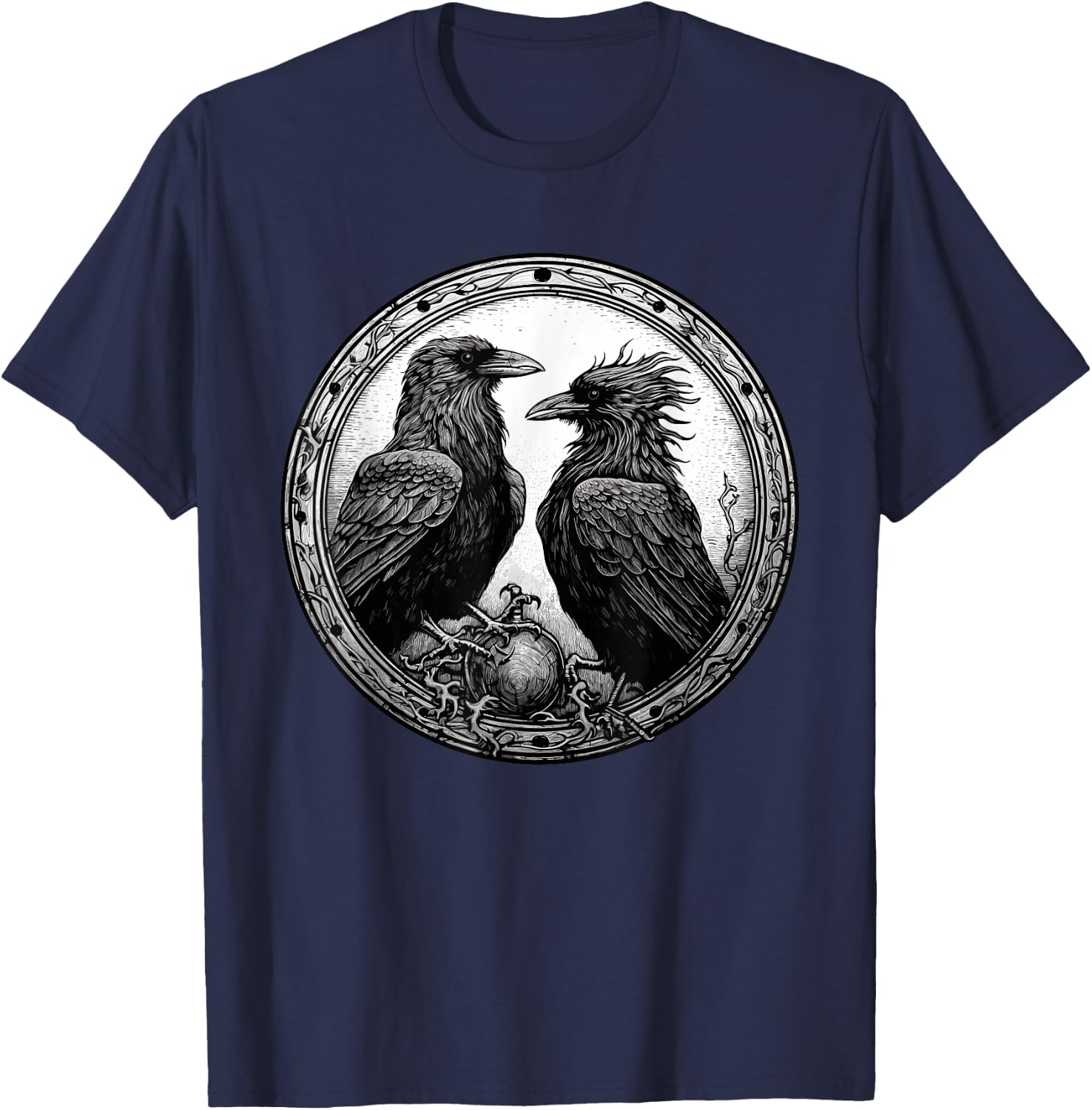 Raven Illustration White Black Ravens Goth Crow T-Shirt - T-Shirt | Navy