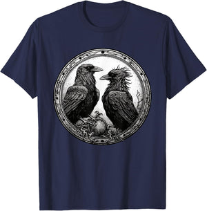 Raven Illustration White Black Ravens Goth Crow T-Shirt - T-Shirt | Navy