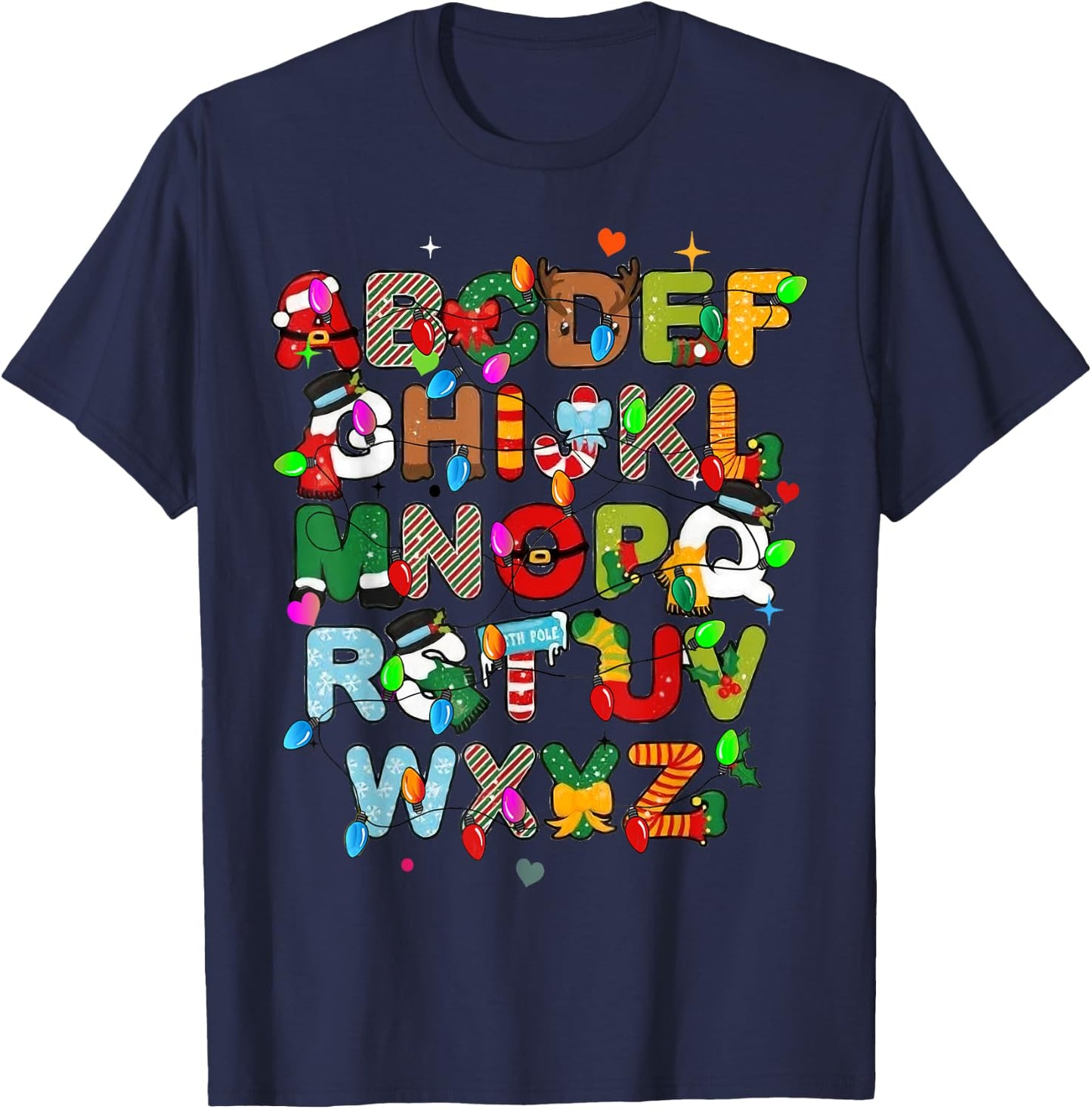 ABCs Learning Kindergarten Teacher Christmas Lights Alphabet Women Kids T-Shirt - T-Shirt | Navy
