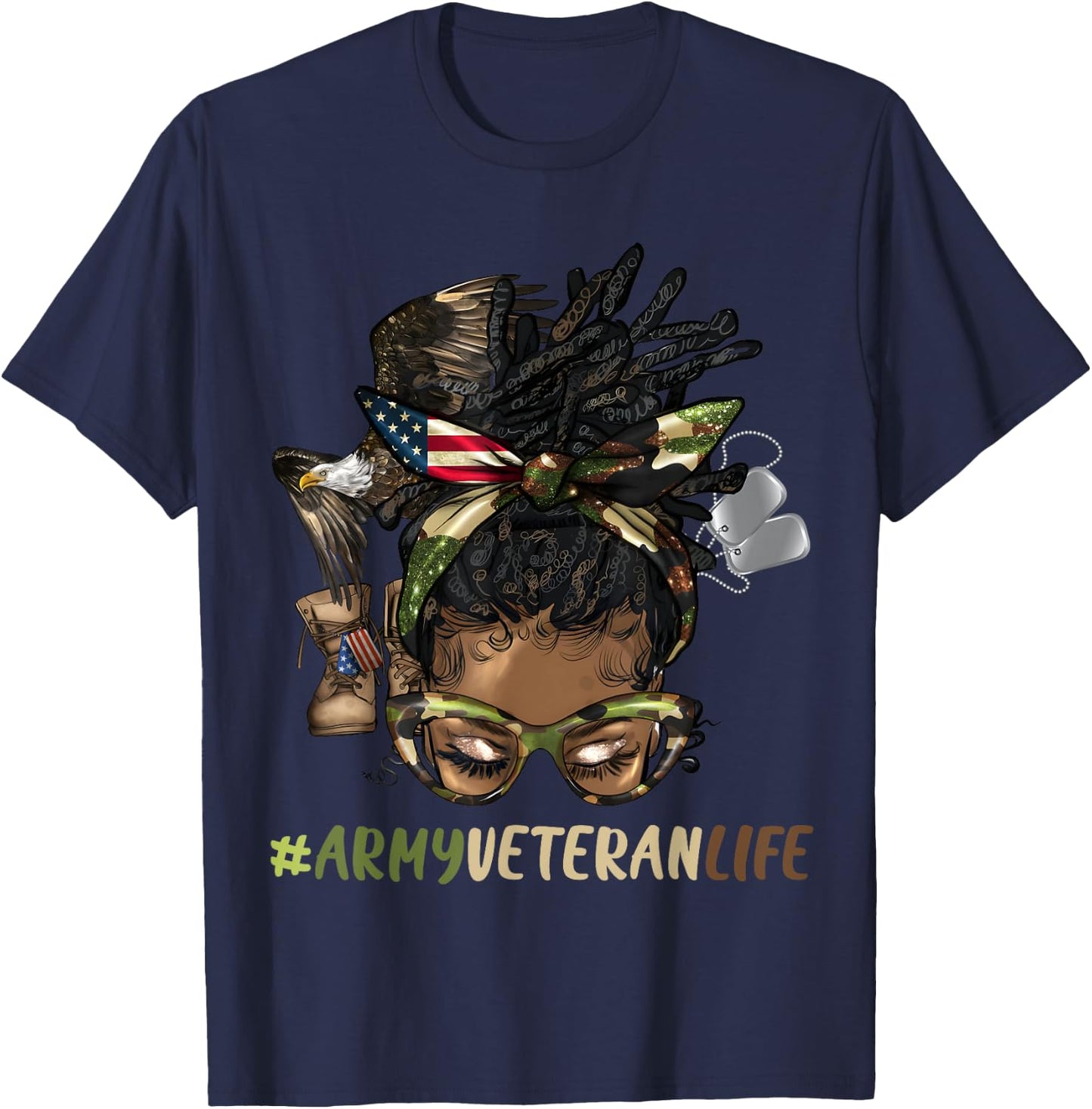 African Afro Messy Bun Loc Army Veteran Soldier Mother Wife T-Shirt - T-Shirt | Navy