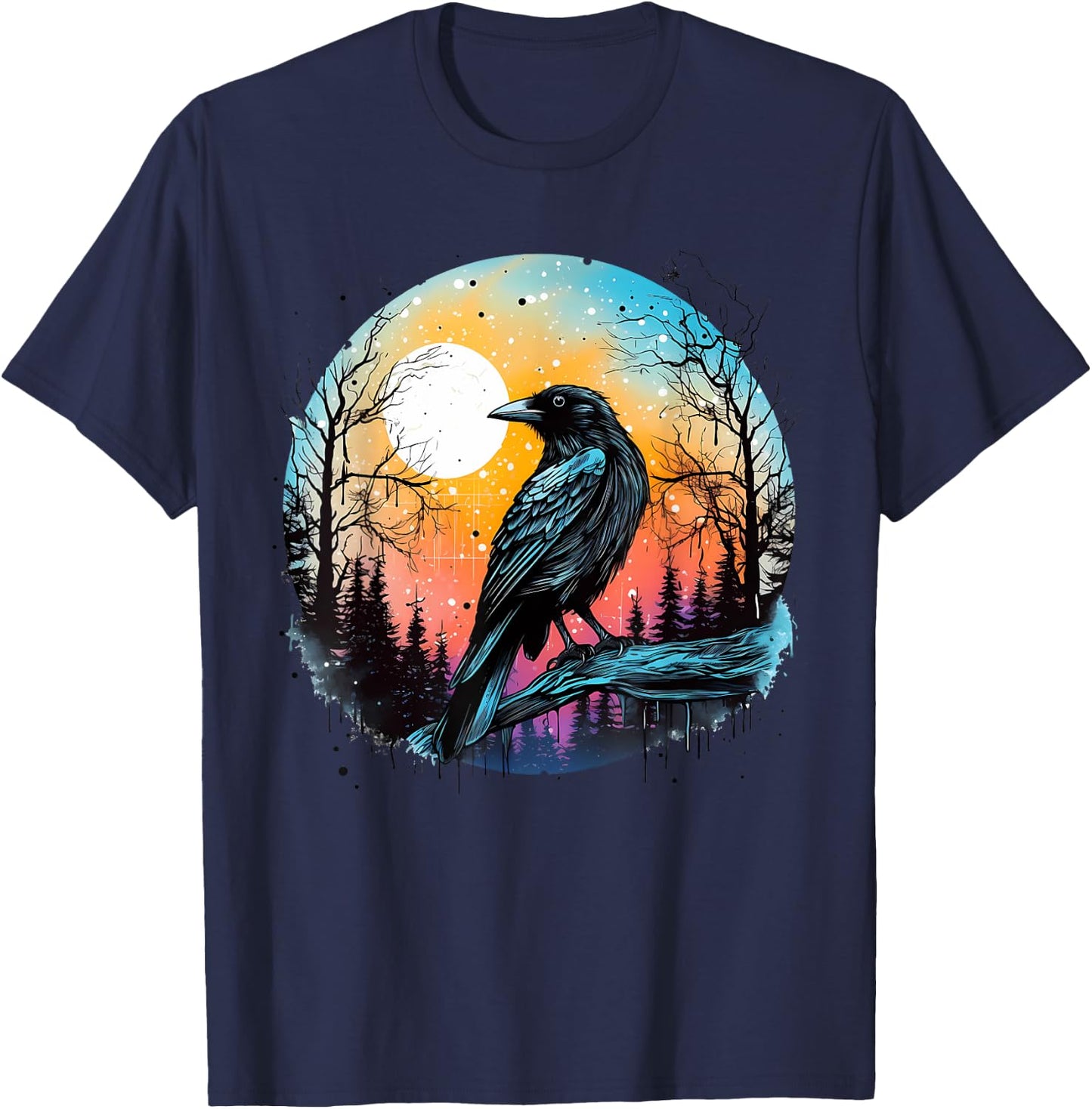 Vintage Raven Crow Forest Bird Graphic Art Design Print T-Shirt - T-Shirt | Navy