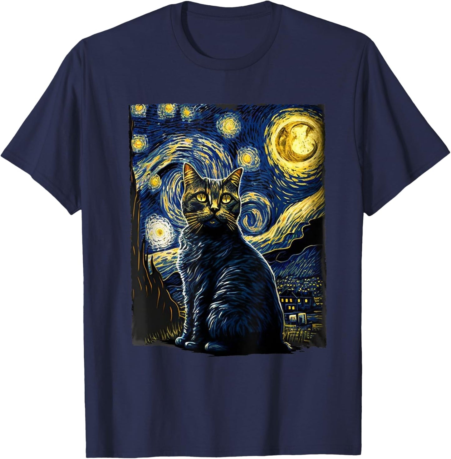 Starry Night Cat Van Gogh Cat Lover Gifts Cat Mom, Cat Dad T-Shirt - T-Shirt | Navy