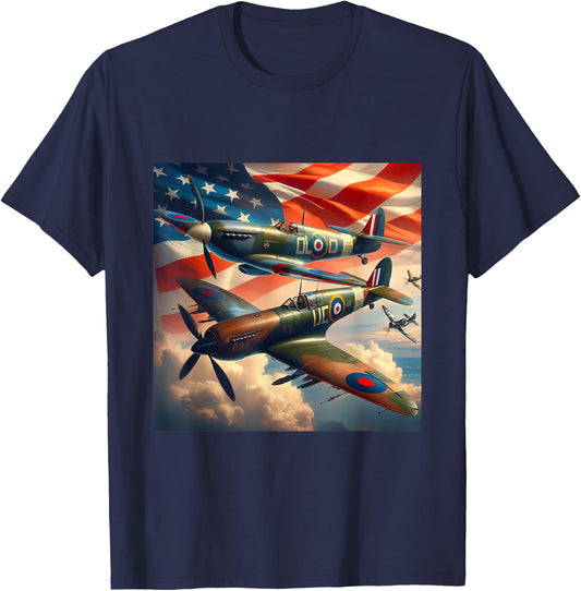 Spitfire F4U Corsair WW2 Airplanes US Flag T-Shirt - T-Shirt | Navy