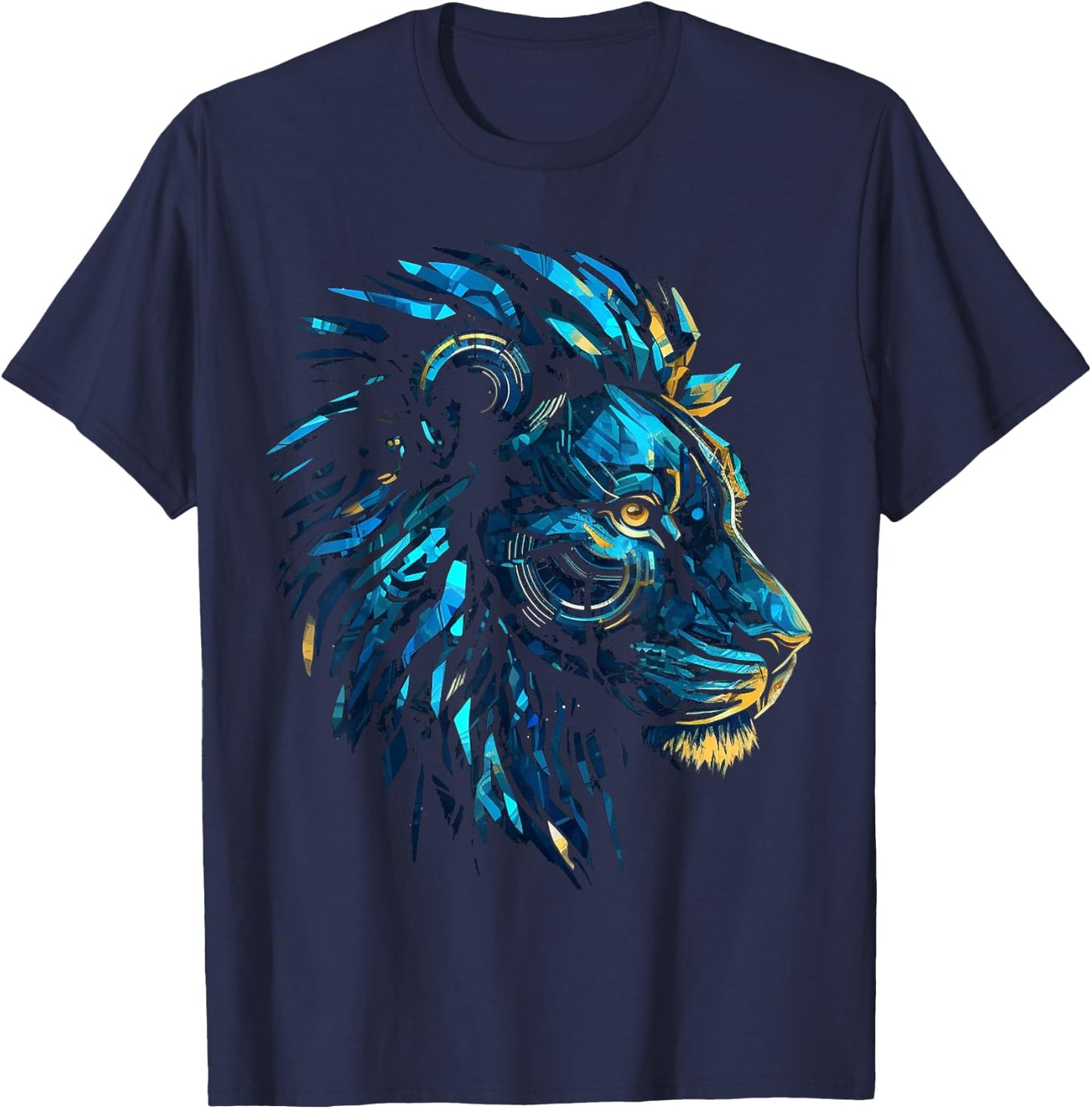Blue Lion Robot Polygon Fantasy Animal Art Lion T-Shirt - T-Shirt | Navy