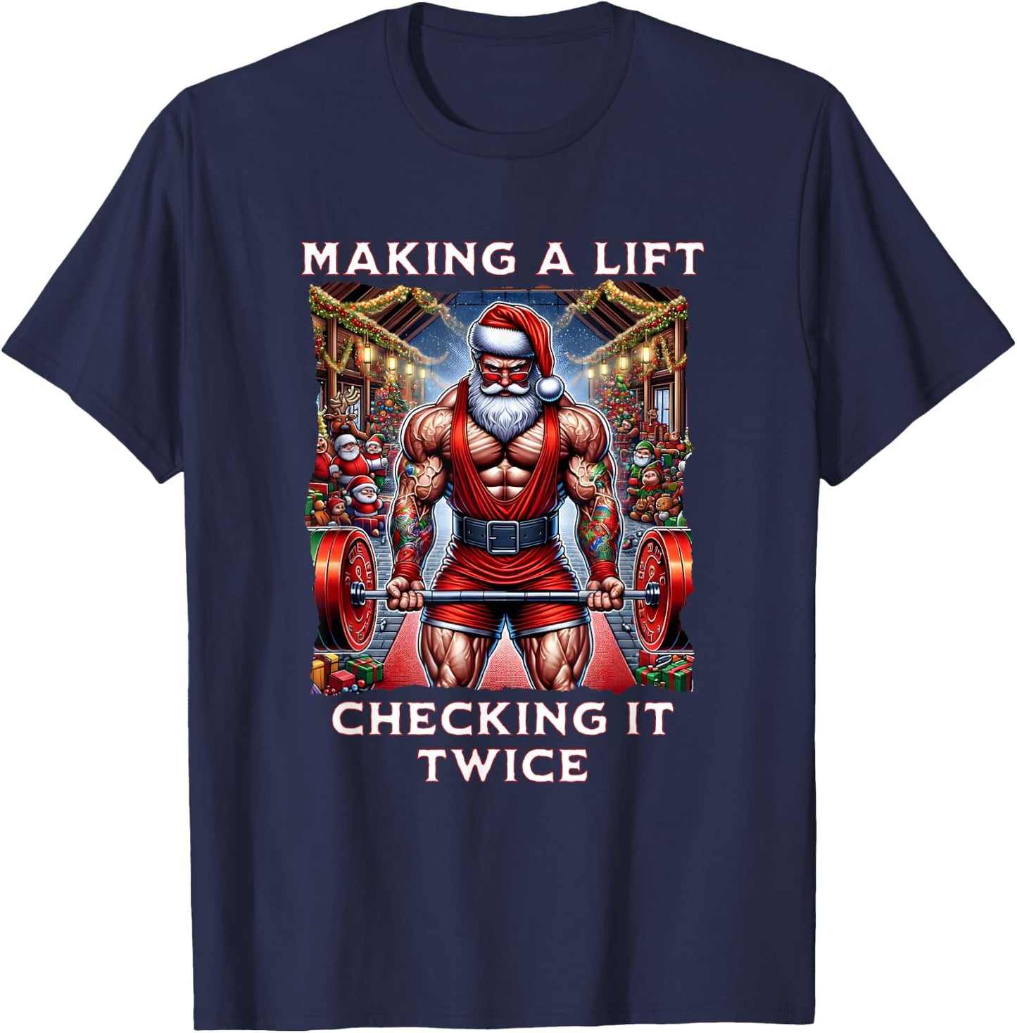 Making a lift, checking it twice. Swole Santa Christmas T-Shirt - T-Shirt | Navy