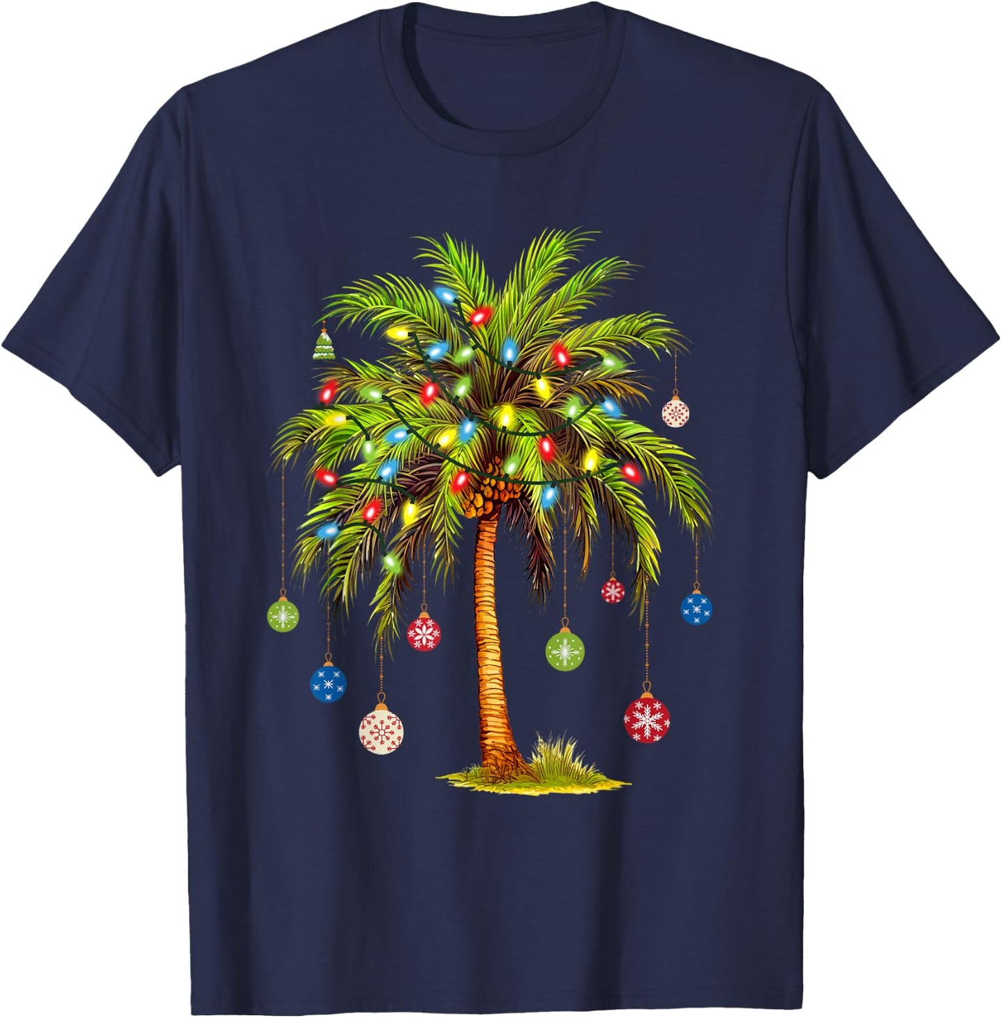 Christmas Palm Tree Light Hawaiian Tropical Xmas T-Shirt - T-Shirt | Navy