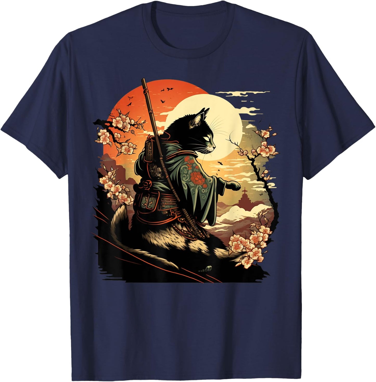 Japanese Art Cat Ninja Ukiyo-e Anime Style Samurai Cat T-Shirt - T-Shirt | Navy