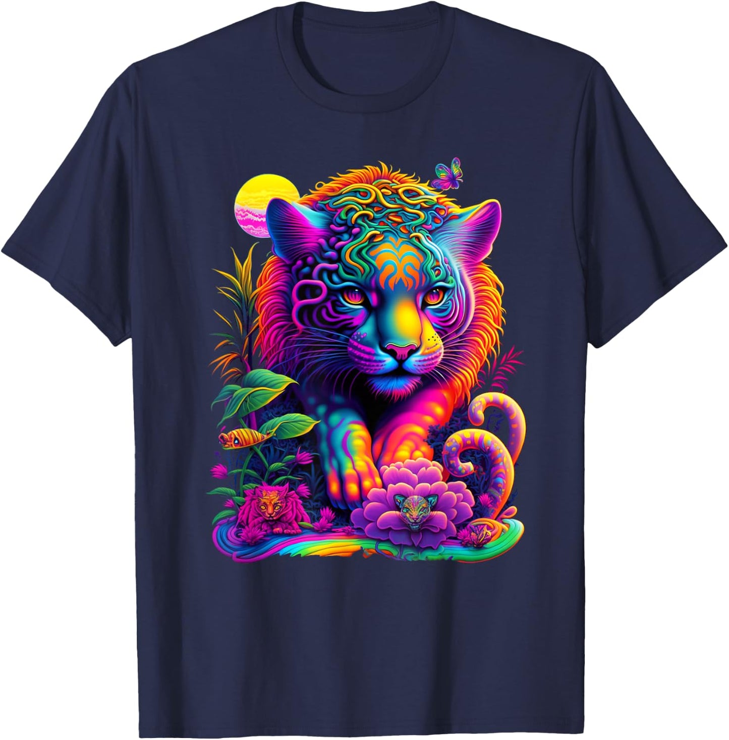 Colorful Rainbow Wild Cat Graphic T-Shirt - T-Shirt | Navy
