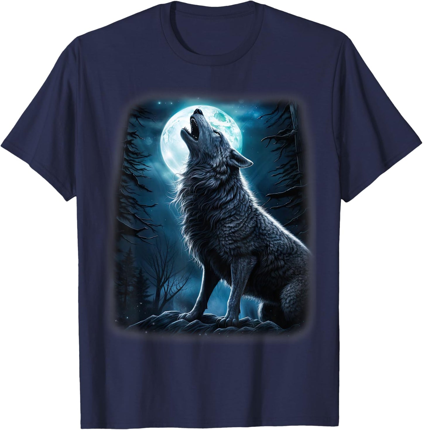 Wolf howling at the Moon Fantasy Art Wildlife T-Shirt - T-Shirt | Navy