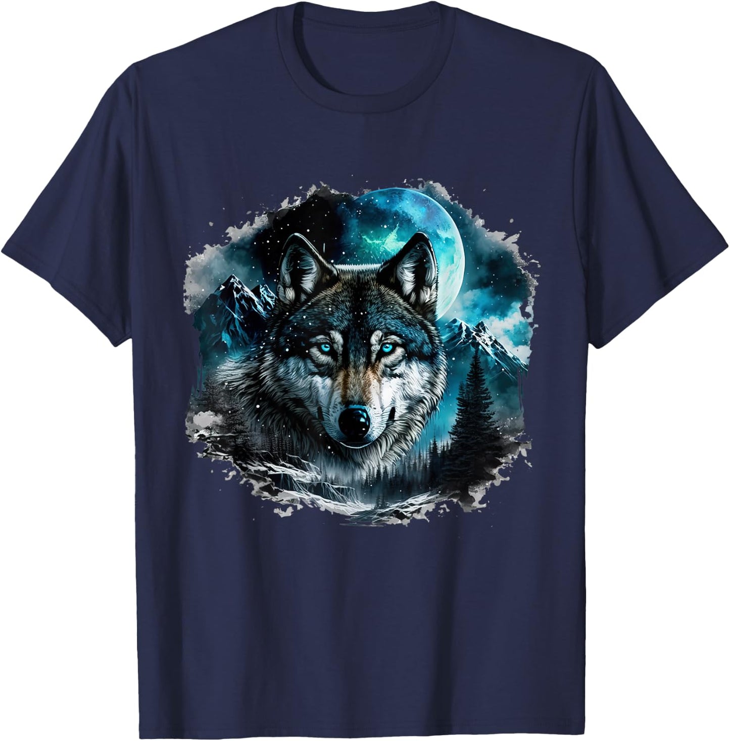 Grey Wolf Hunting Ground Icy Moon Forest Galaxy T-Shirt - T-Shirt | Navy