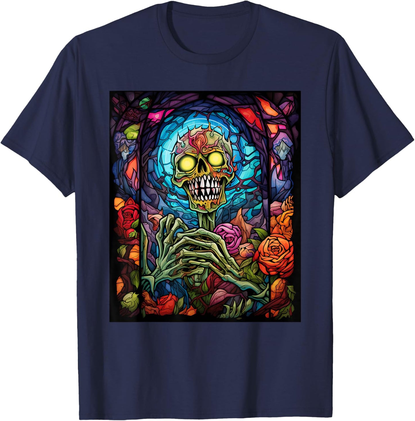 Stained Glass Style Zombie Halloween T-Shirt - T-Shirt | Navy