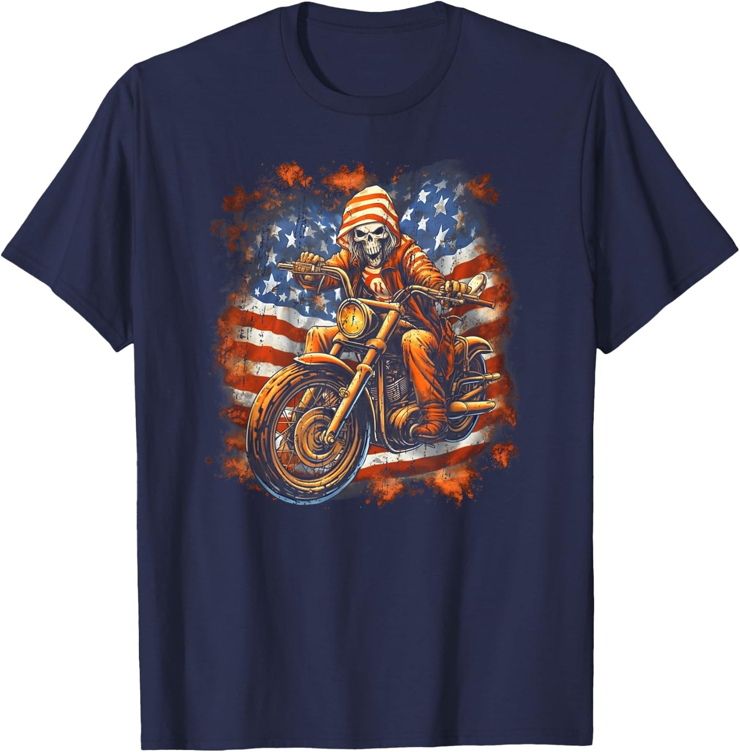US Flag Motorcycle Skeleton Biker 4th July American T-Shirt - T-Shirt | Navy