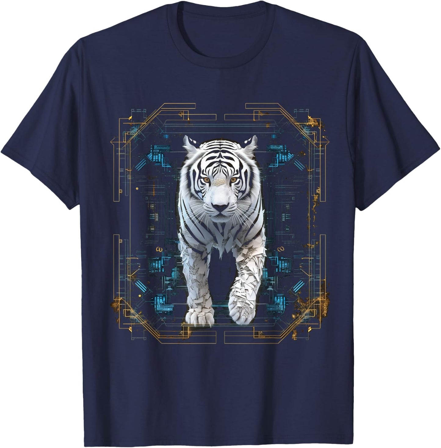 Tiger Geometric Artwork | White Animal Motif Tiger T-Shirt - T-Shirt | Navy