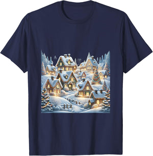Winter Village Snow Covered Cottages Christmas Lights Scene T-Shirt - T-Shirt | Navy
