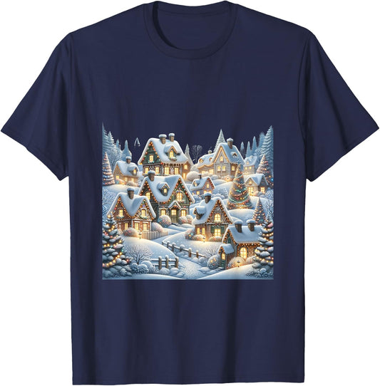 Winter Village Snow Covered Cottages Christmas Lights Scene T-Shirt - T-Shirt | Navy