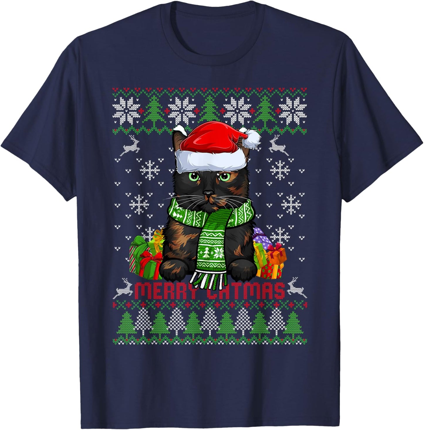 Funny Merry Catmas Tortoiseshell Cat Ugly Christmas Sweater Men Women Kids T-Shirt - T-Shirt | Navy