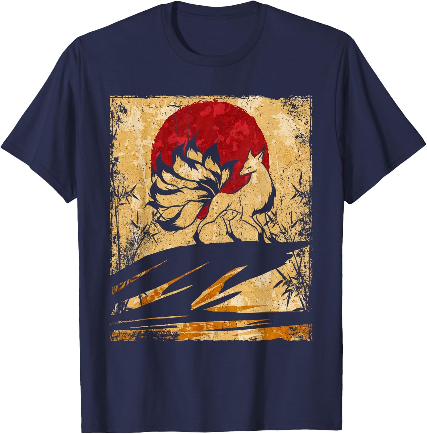 Nine Tailed Fox Japanese Art Retro T-Shirt - T-Shirt | Navy