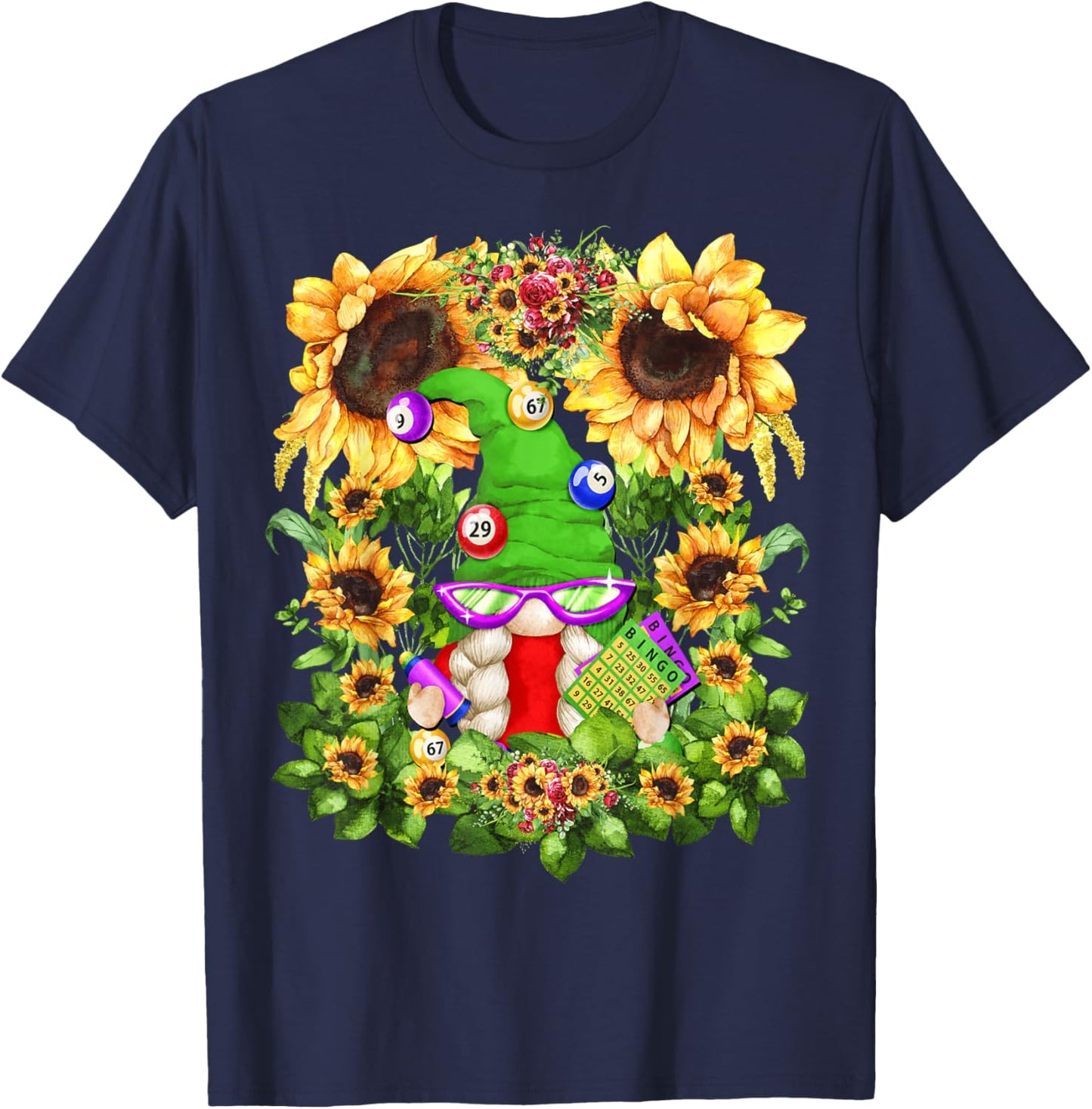 Floral Sunflower Bingo Gnome And Crazy Bingo Lady T-Shirt - T-Shirt | Navy