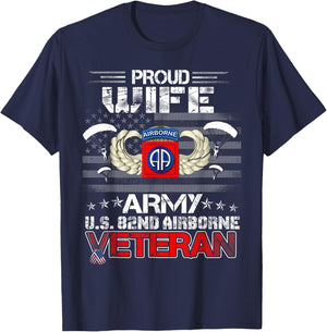 Proud Wife Army US 82nd Airborne Veteran Flag Patriotic T-Shirt - T-Shirt | Navy
