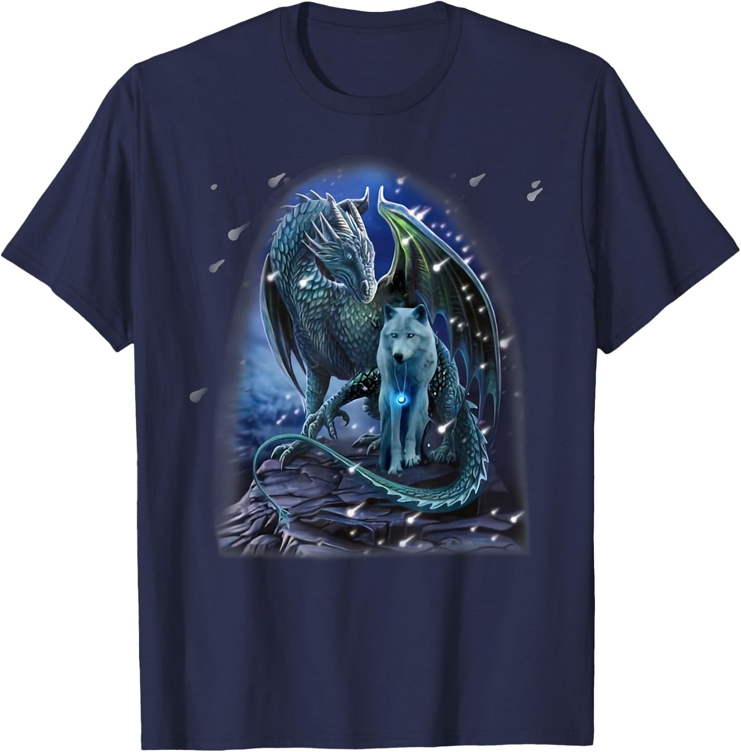 Wolf And Dragon Together In Winter T-Shirt - T-Shirt | Navy