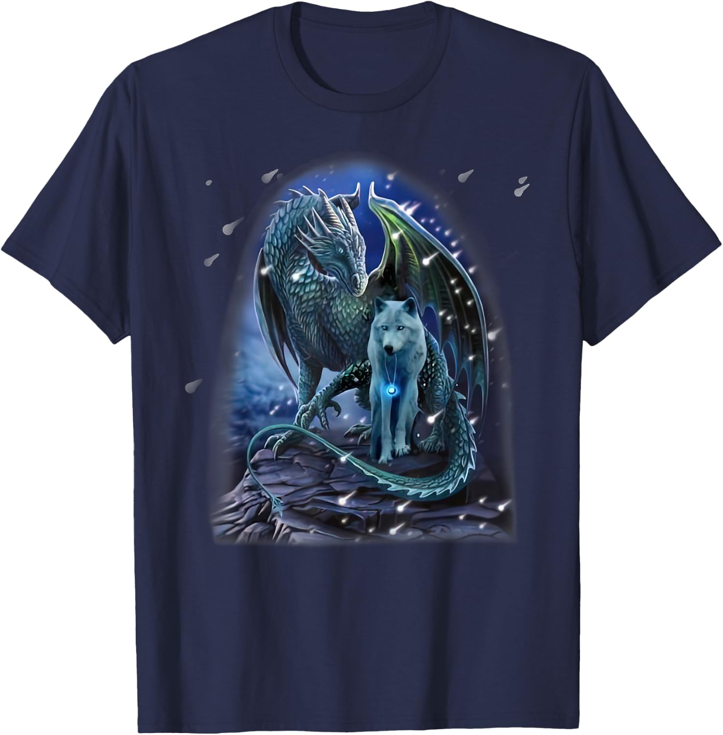Wolf And Dragon Together In Winter T-Shirt - T-Shirt | Navy