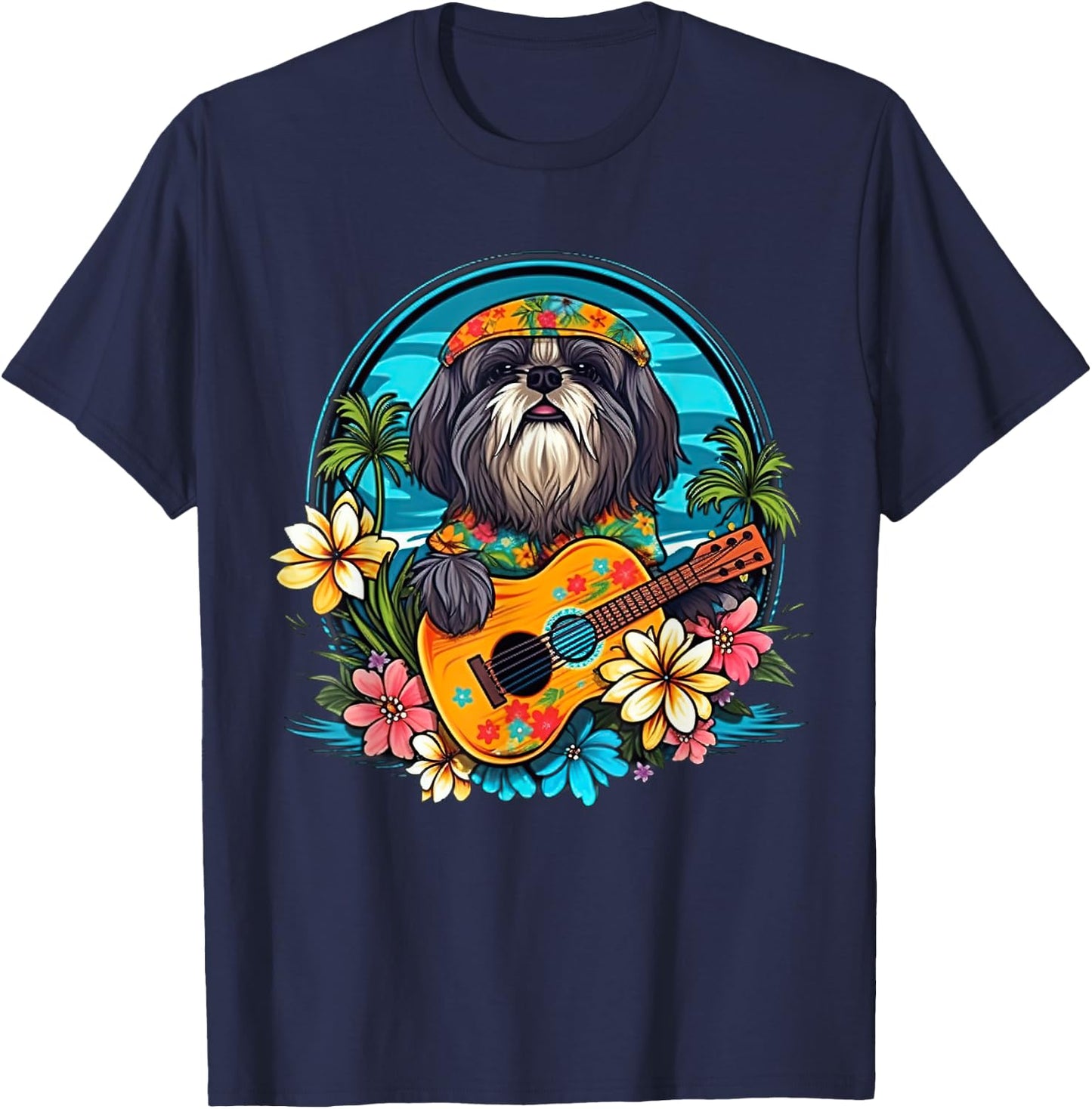 Floral Beach Vacation Shih Tzu Dog Women Kids T-Shirt - T-Shirt | Navy