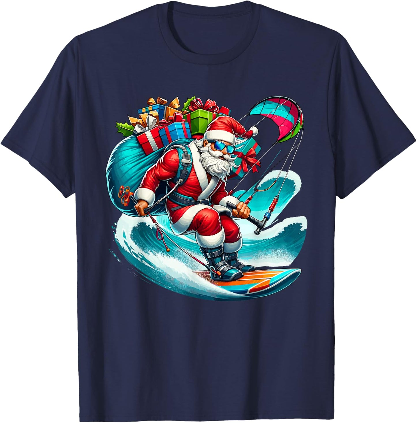Funny Beach Santa kitesurfing Christmas Santa Surfing Men Women Kids T-Shirt - T-Shirt | Navy