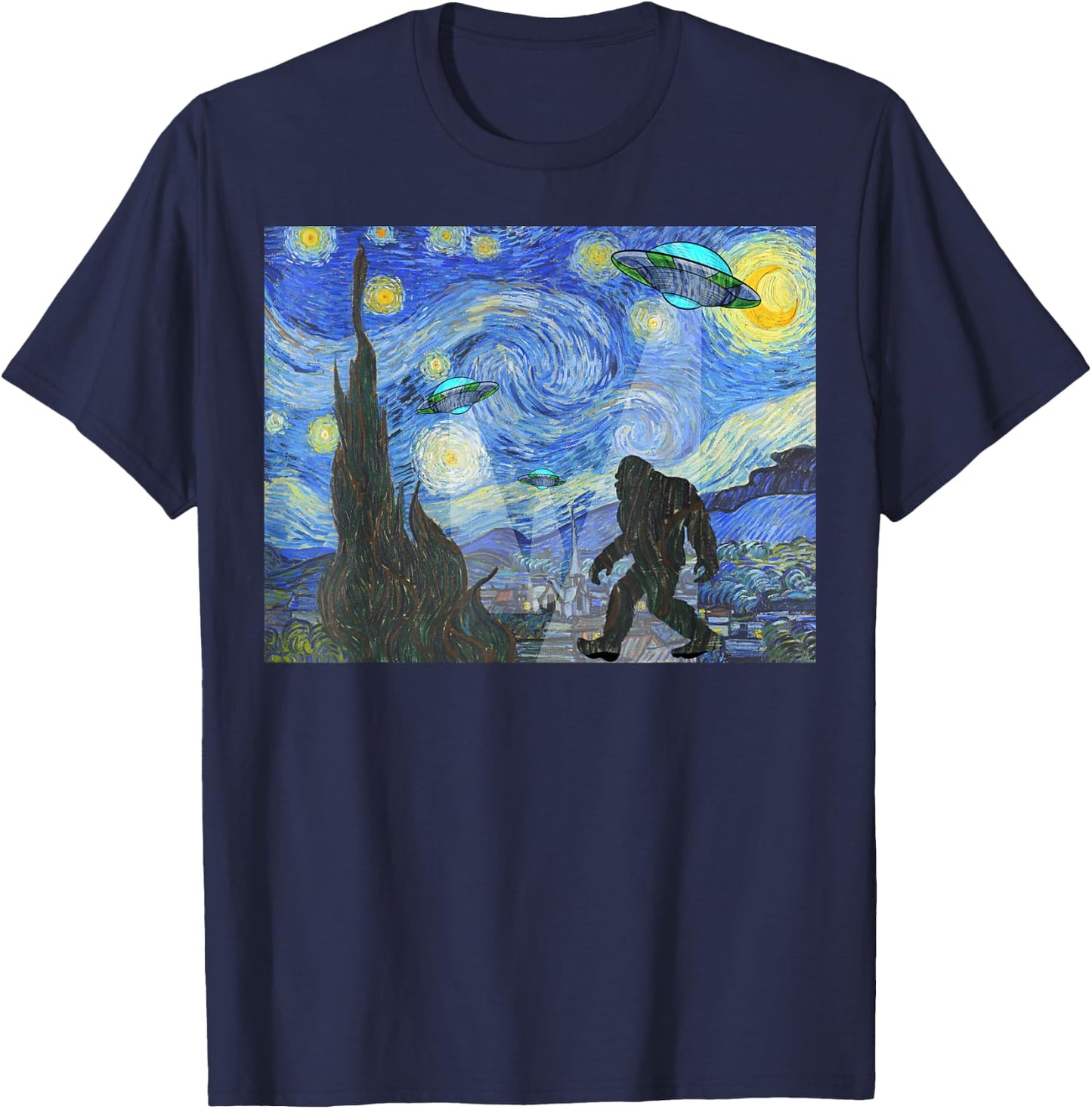 Starry Night Sasquatch And UFO Aliens Bigfoot Graphic T-Shirt - T-Shirt | Navy
