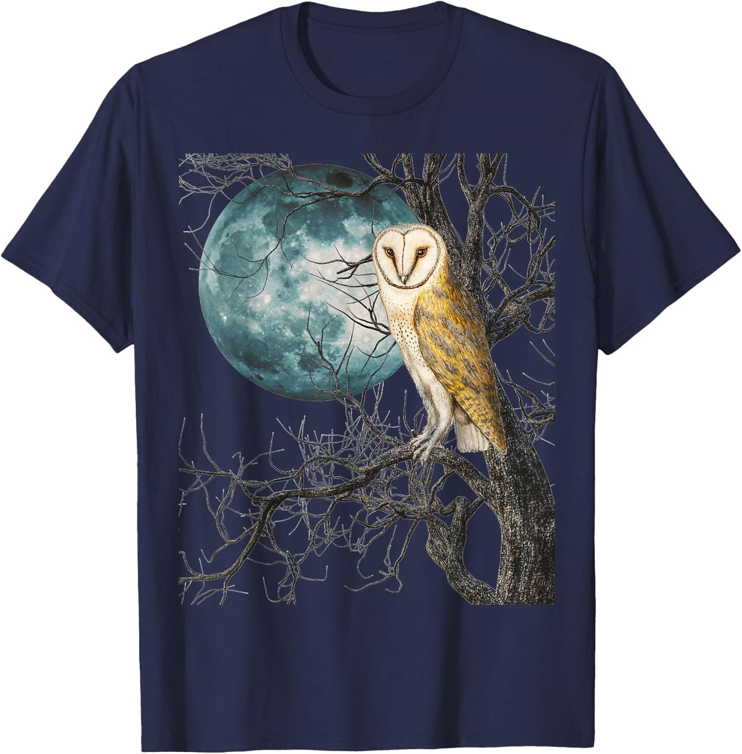 Owl Barn Night Moon Full Vintage Illustration Birder Graphic T-Shirt - T-Shirt | Navy